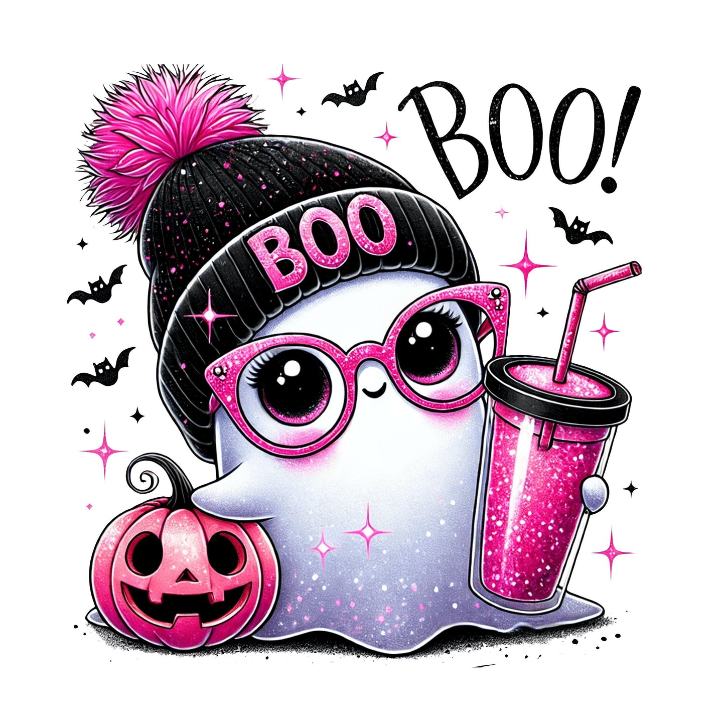 UV DTF Sticker print Pink Boo Ghost with beanie cute decal, tumbler decal, permanent sticker. #7109