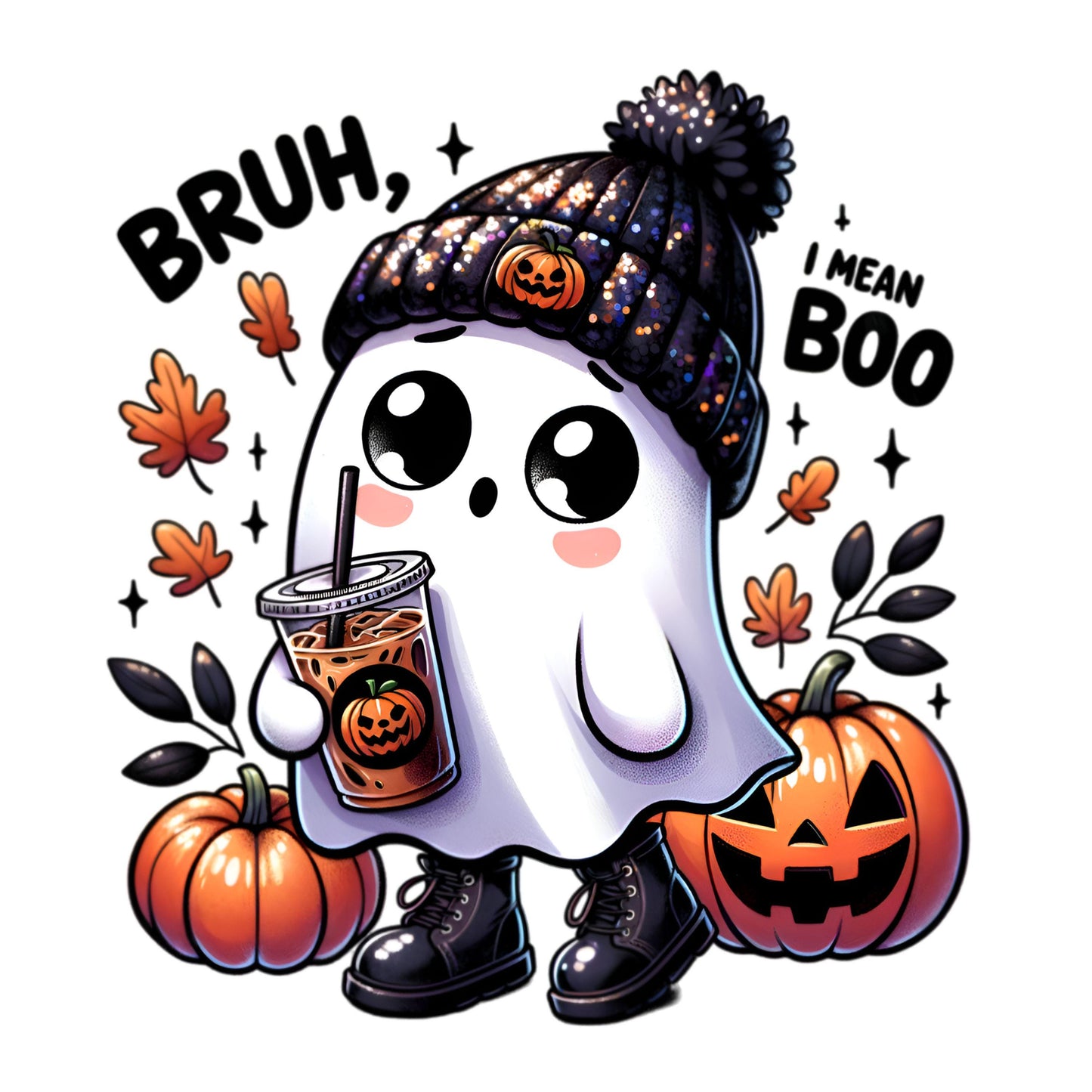 UV DTF Sticker print Bruh I mean Boo ghost with beanie cute decal, tumbler decal, permanent sticker. #7110