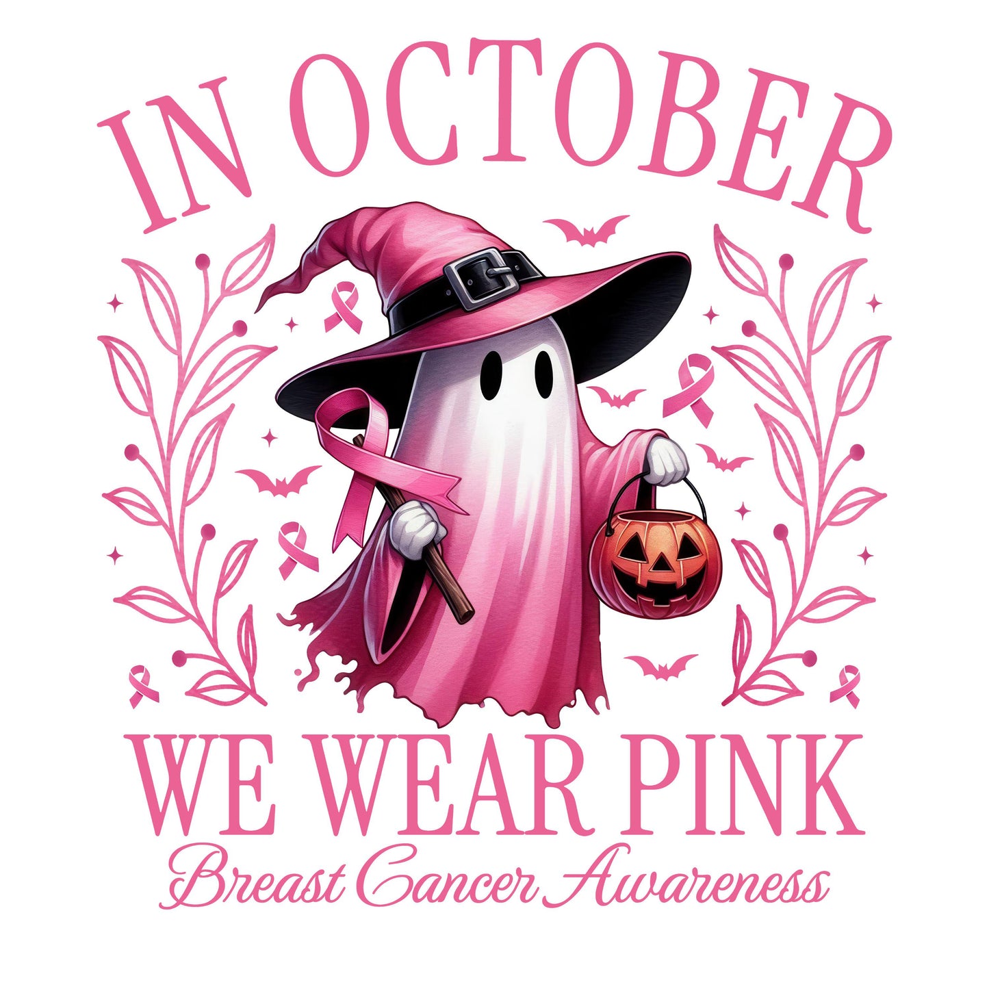 UV DTF Sticker print Breast Cancer Awareness In October We Wear Pink Ghost decal, tumbler decal, permanent sticker. #7116
