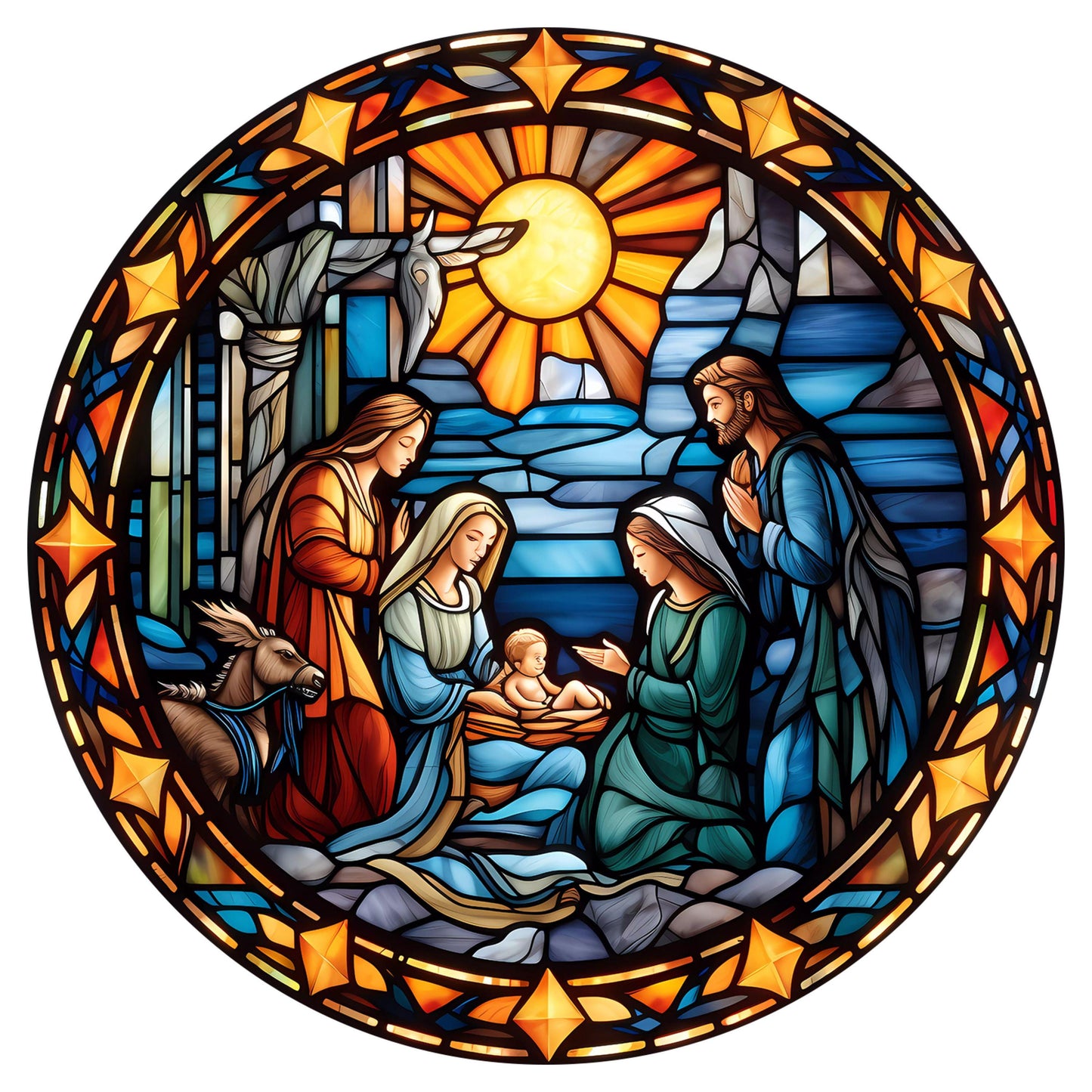 UV DTF Sticker print. Stained Glass Nativity scene with Baby Jesus Christmas Round decal, tumbler decal. UV wrap for glass can tumbler.#7119