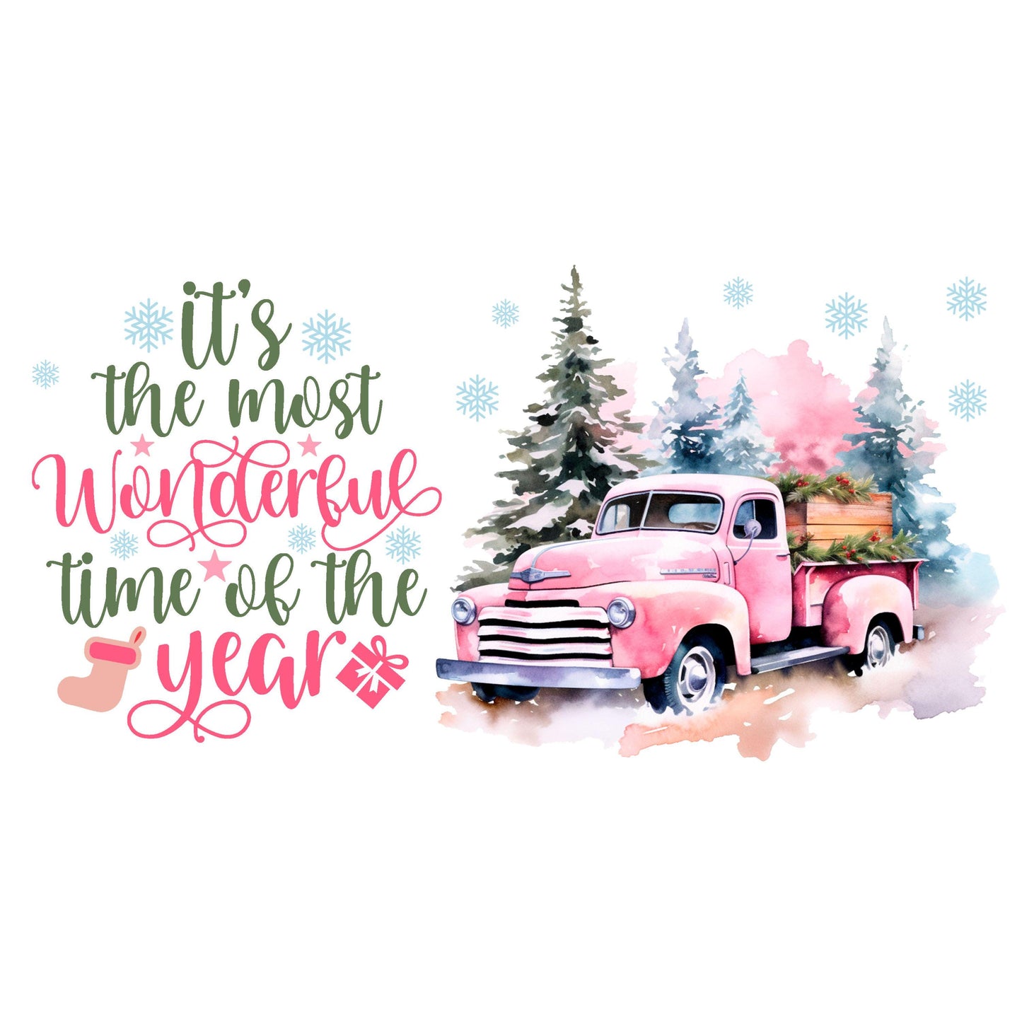 UV DTF Sticker print. Pink Truck It's the most wonderful time of the year Christmas wrap, tumbler decal. UV wrap for glass can tumbler.#7074