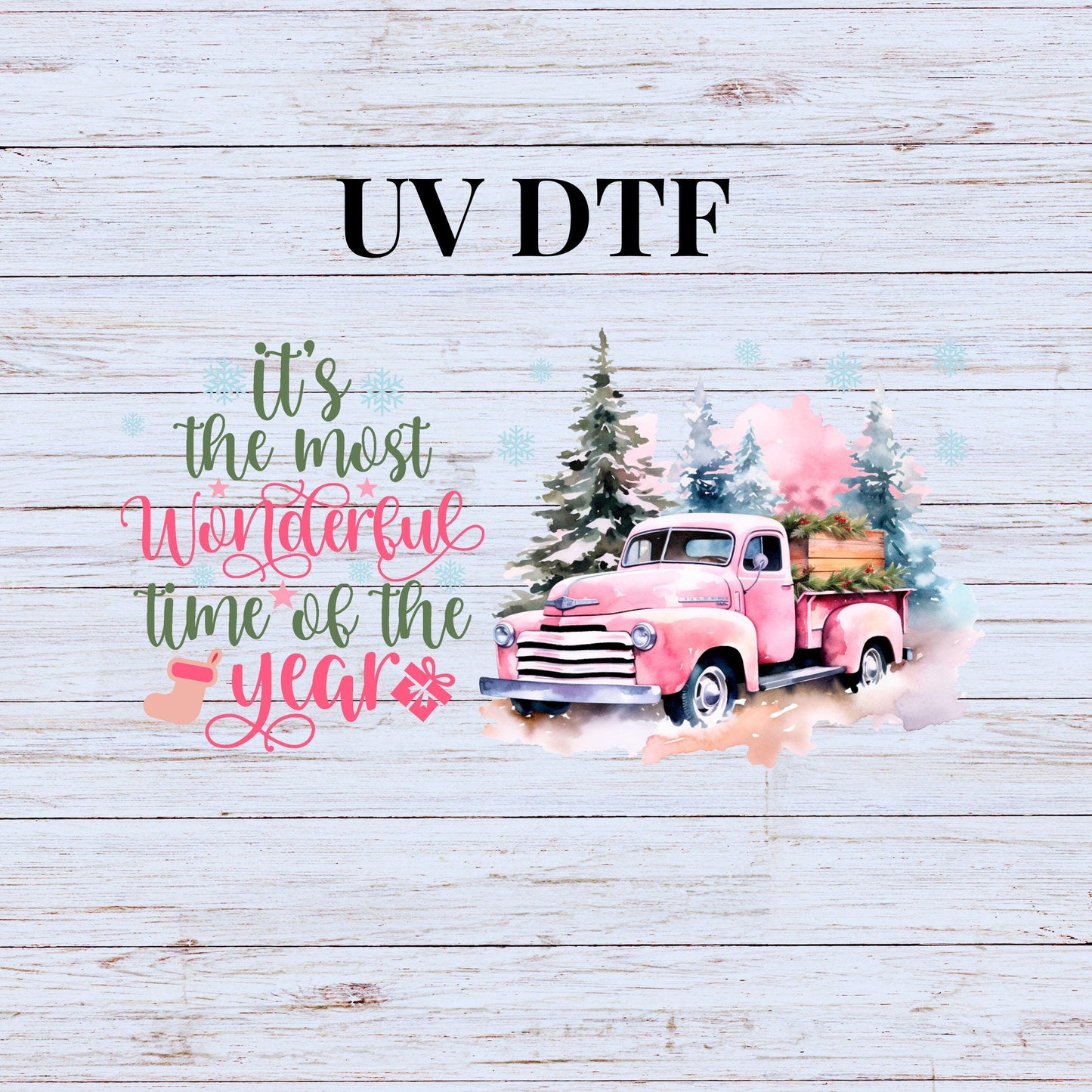 UV DTF Sticker print. Pink Truck It's the most wonderful time of the year Christmas wrap, tumbler decal. UV wrap for glass can tumbler.#7074