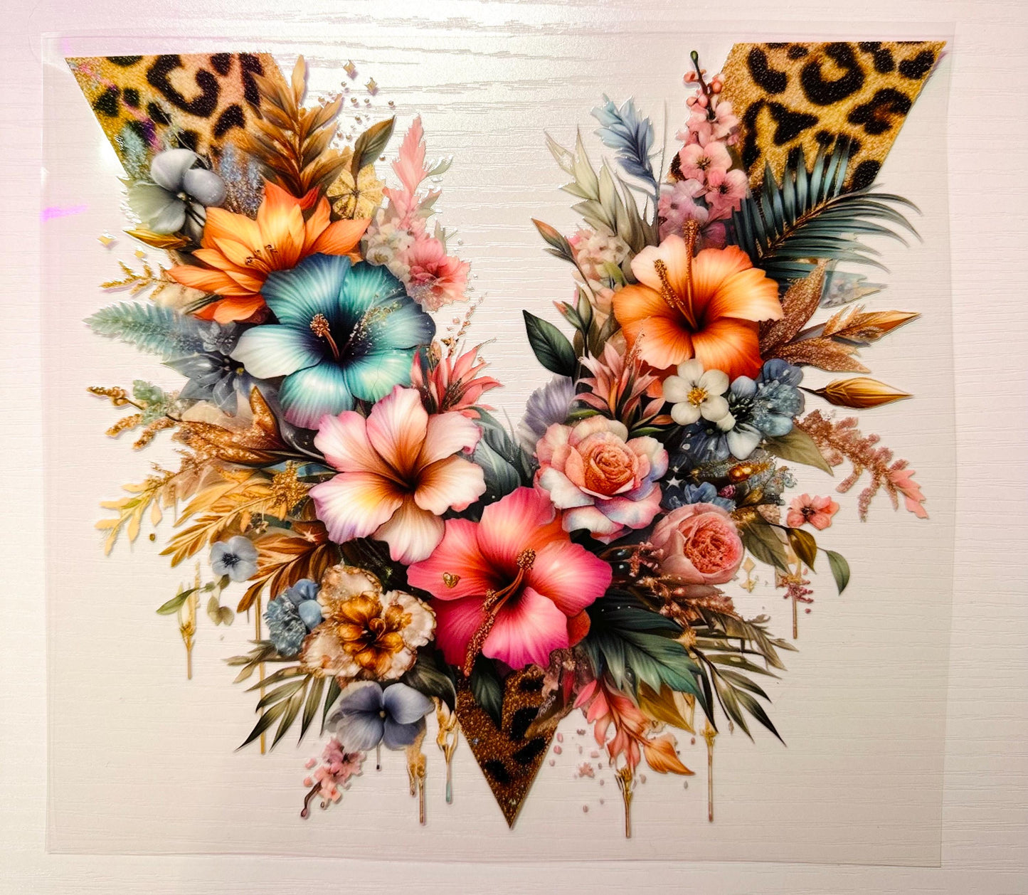 UV DTF Sticker print. Tropical V split leopard print and flowers wrap decal, glass can tumbler decal. UV wrap for glass can tumbler. #5191