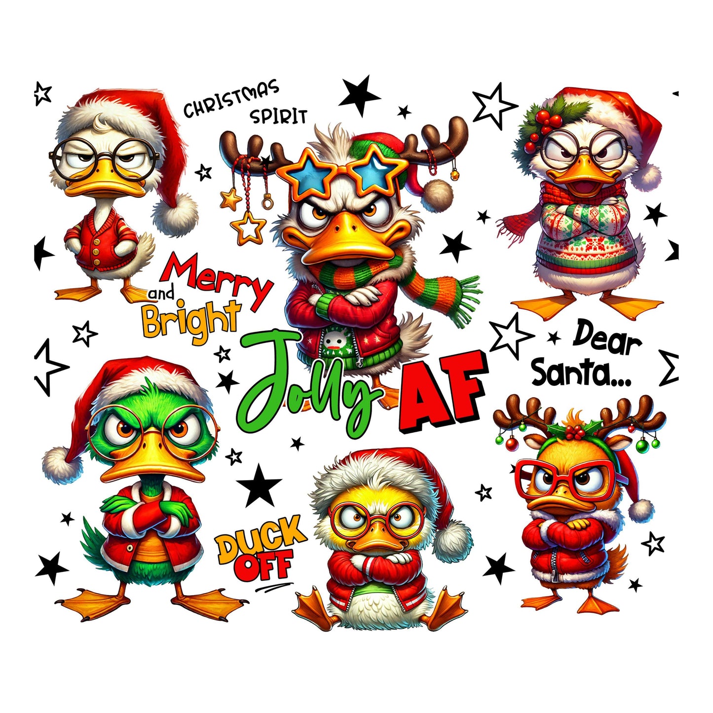 UV DTF Sticker print. Jolly af duck Christmas 20 oz tumbler wrap decal, glass can tumbler decal. UV wrap for glass can tumbler. #5193