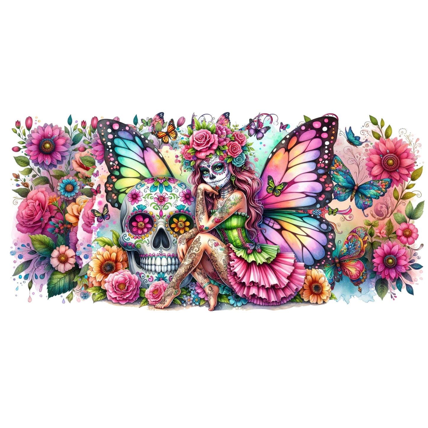 UV DTF Sticker print. Sugar Skull Fairy tumbler wrap decal, tumbler decal. UV wrap for glass can tumbler. #5196