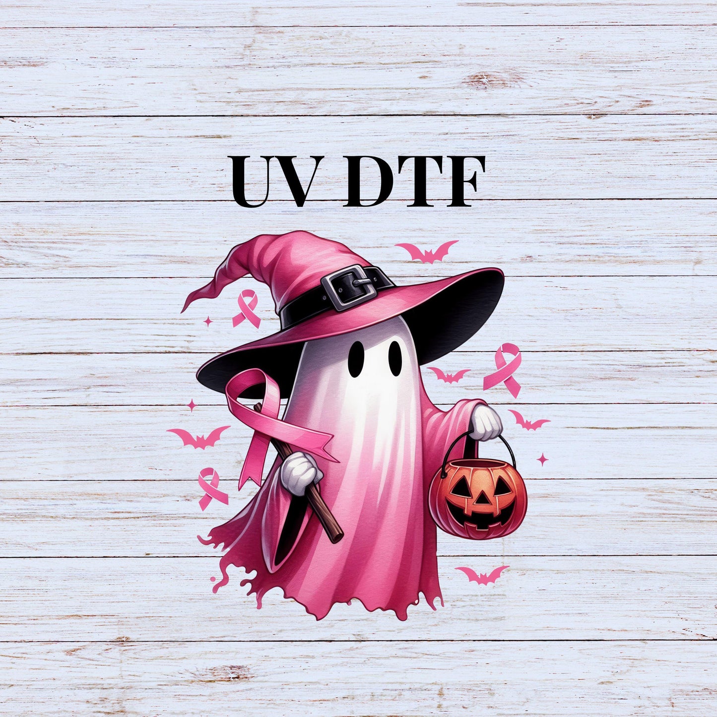 UV DTF Sticker print Breast Cancer halloween Pink Ghost decal, tumbler decal, permanent sticker. #7115