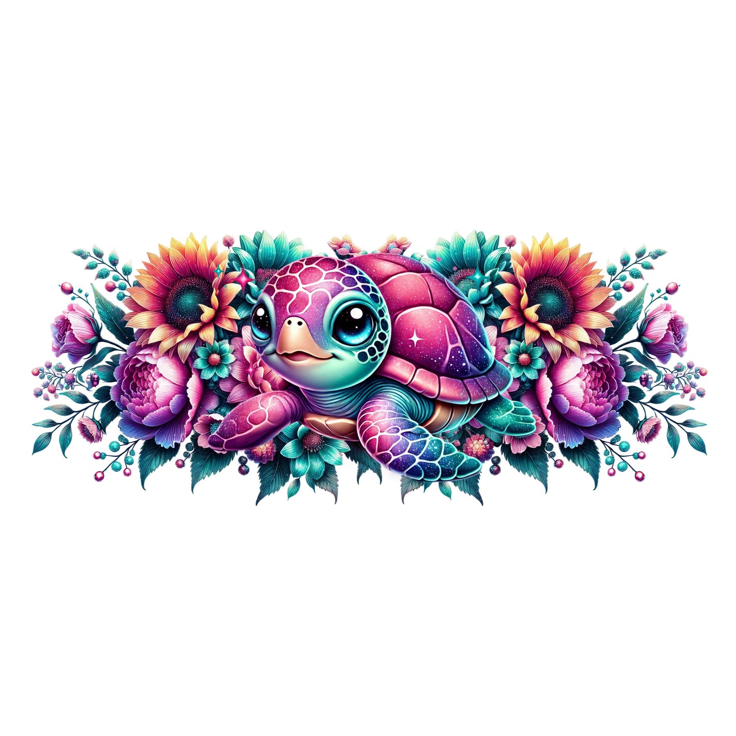 UV DTF Sticker print. Teal Purple Sea Turtle Cute w/ flowers can or tumbler wrap decal, tumbler decal. UV wrap for glass can tumbler. #5205