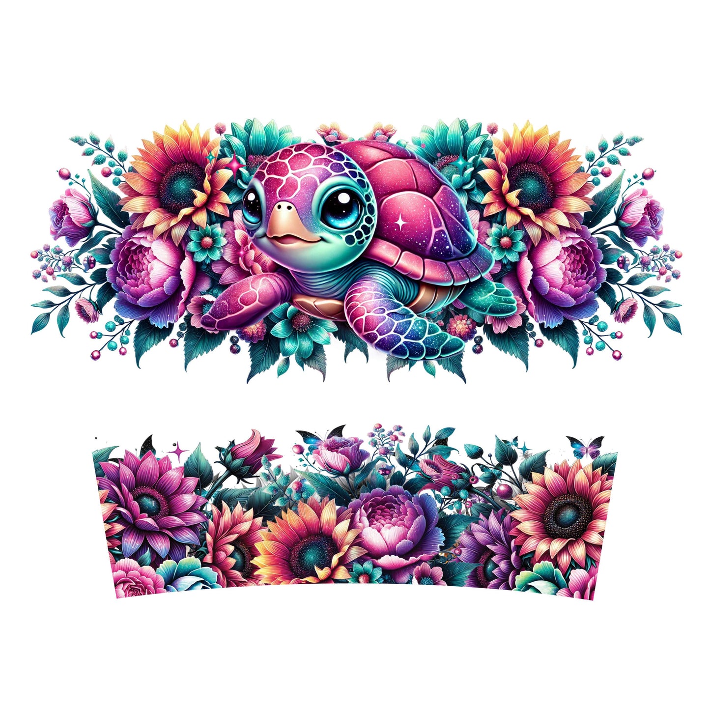 UV DTF 40 oz ready to apply teal purple sea turtle flower wrap decal , quencher tumbler decal, permanent sticker. UV wrap quenchers . #3047