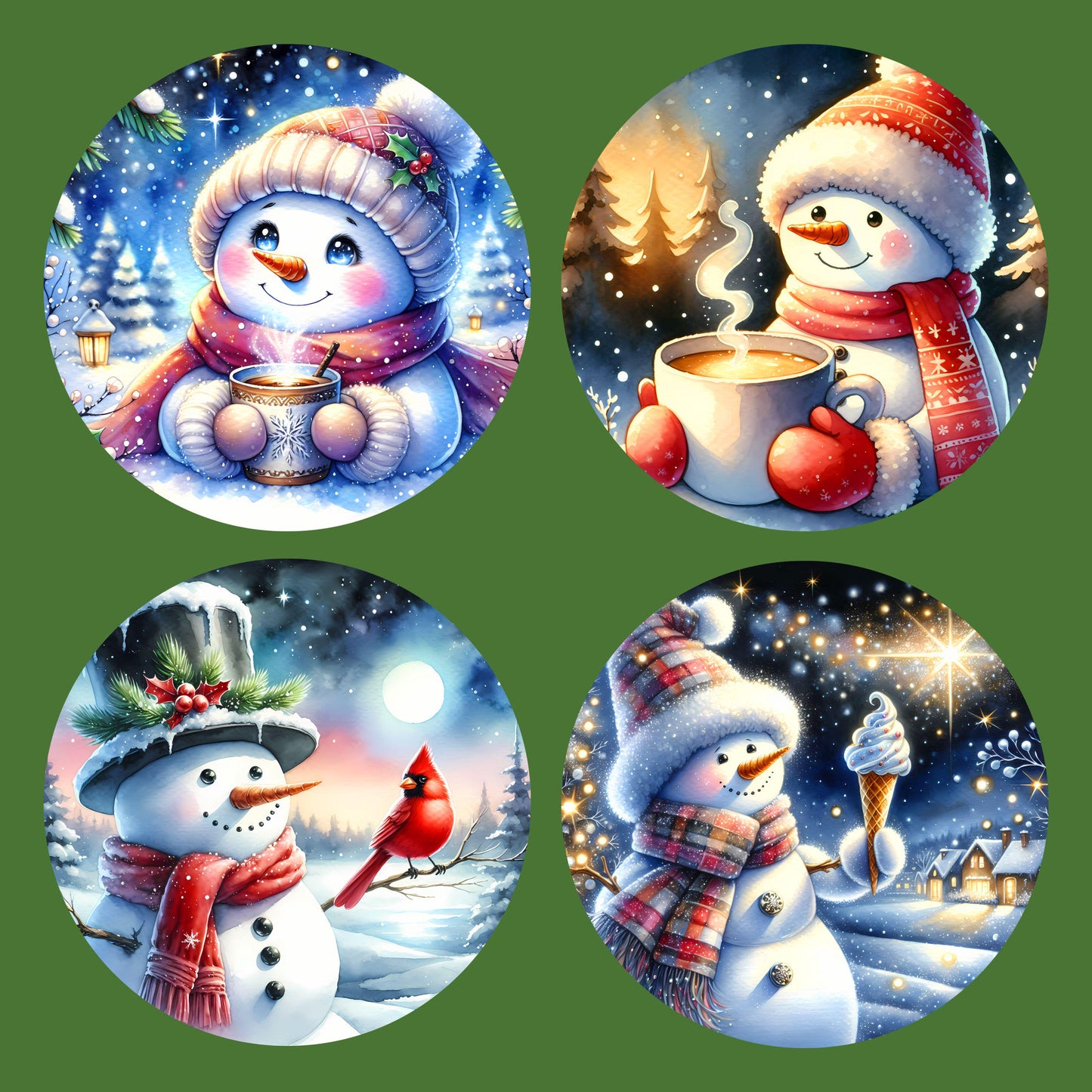 UV DTF Sticker print Snowman Hot Cocoa Red Cardinal Christmas 4pk round Christmas Ornament decals, tumbler decal, permanent sticker.#7196