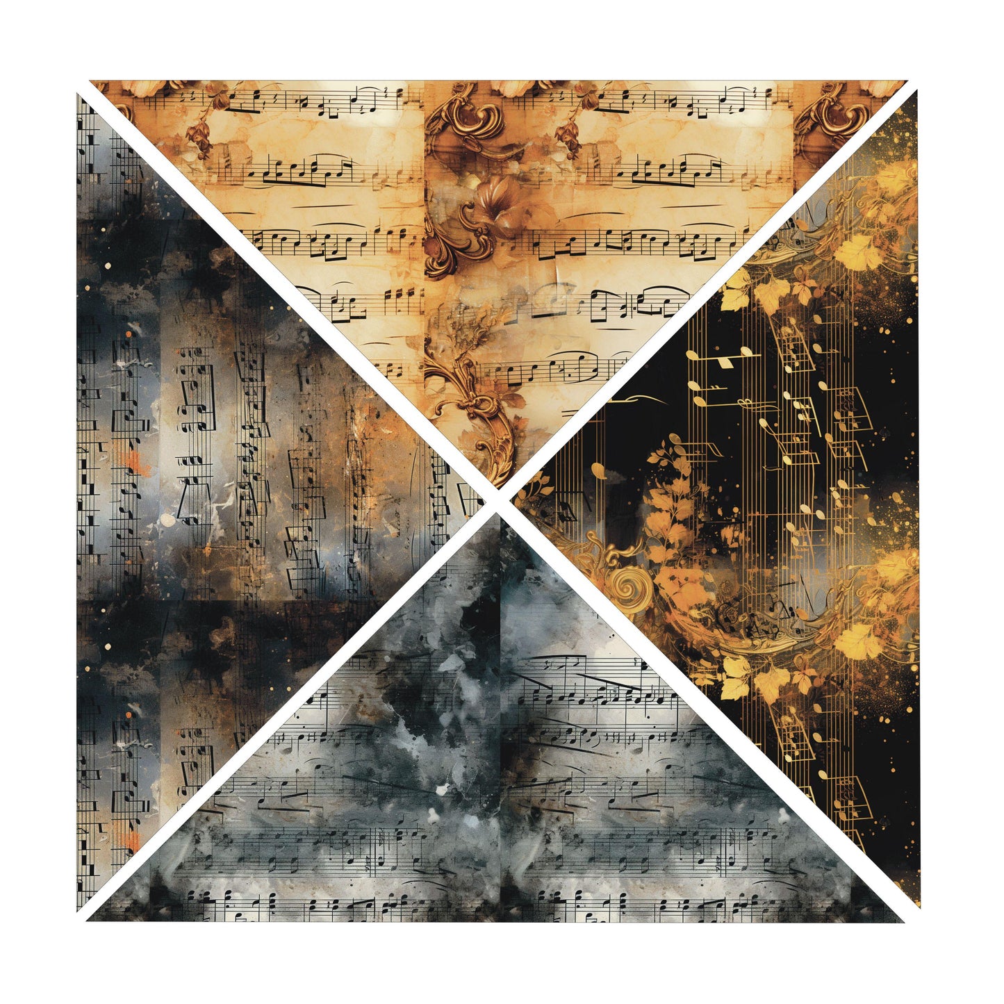 UV DTF Sticker print. Music notes black and gold 4 triangle V Split Helper tumbler wrap decal, tumbler decal. UV wrap for tumbler. #5213