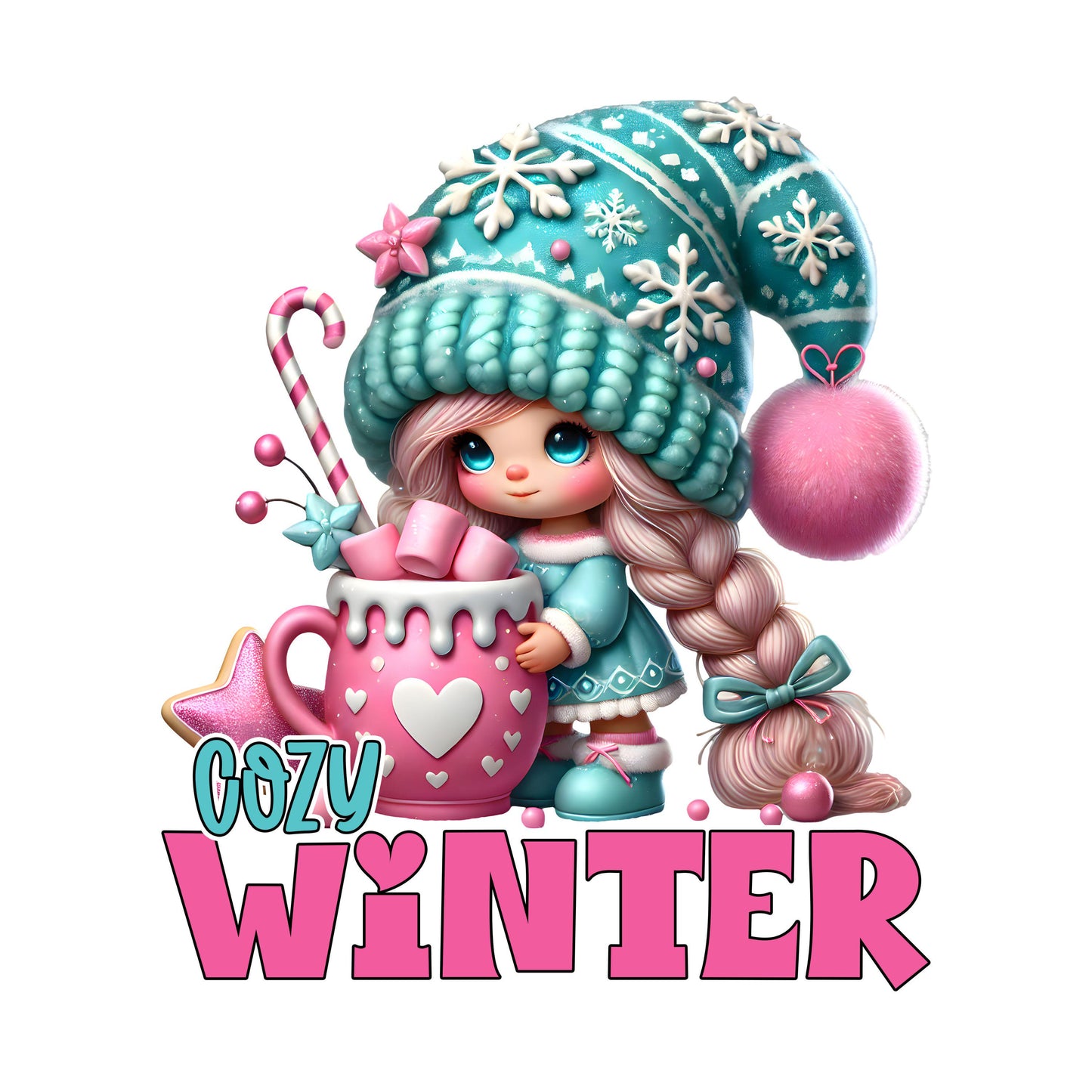 UV DTF Sticker print Cozy winter pink and teal Christmas decal, tumbler decal, permanent sticker. #7210