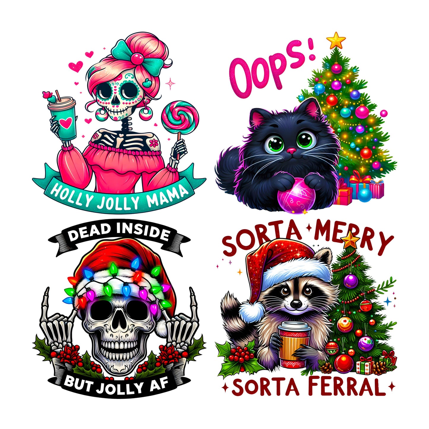 UV DTF Sticker print Sorta Feral bundle of 4 decals, holly jolly mama, dead inside but jolly af Christmas decals, permanent sticker. #7215