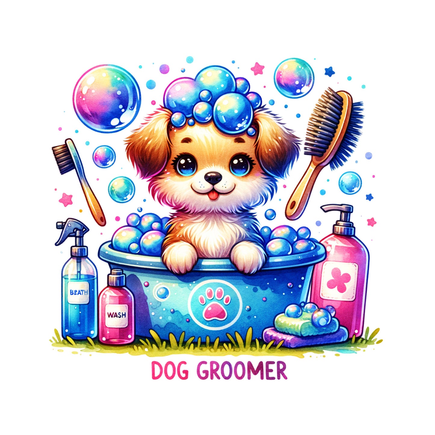 UV DTF Sticker print. Dog Groomer cute dog in tub decal, tumbler decal, permanent sticker. #4293