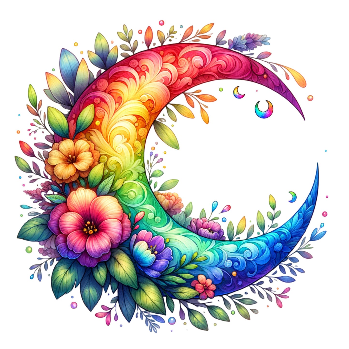 UV DTF Sticker print. Rainbow moon and flowers decal, tumbler decal, permanent sticker. Uv wrap for glass can tumbler. #10097