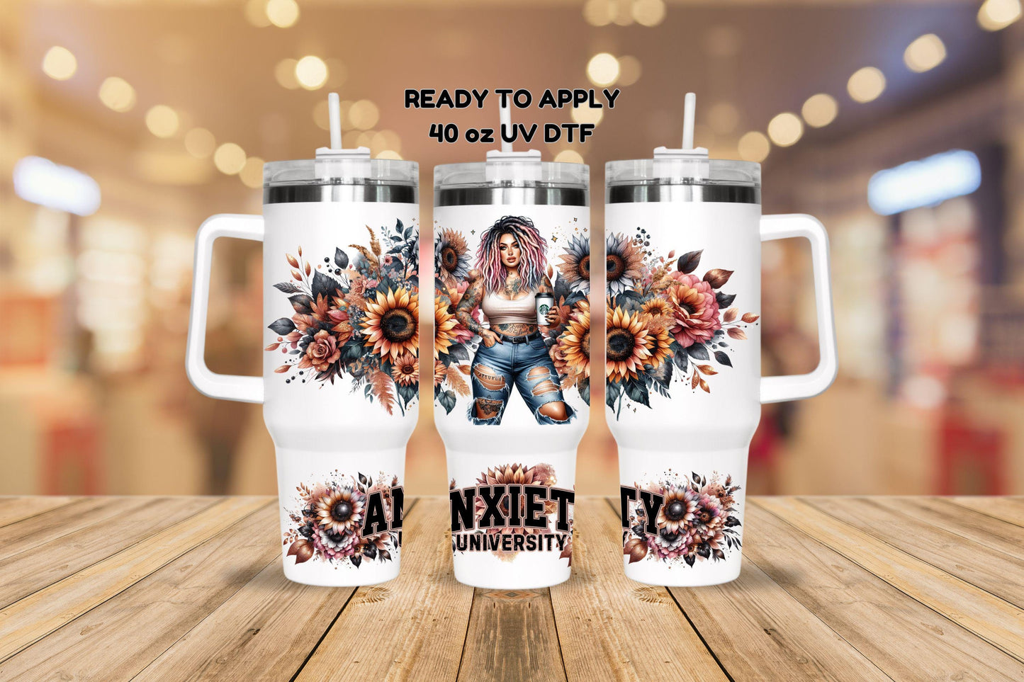 UV DTF 40 oz ready to apply Anxiety University tattoo girl with retro flowers wrap. Glass can wrap. Permanent sticker. UV wrap quencher#3058
