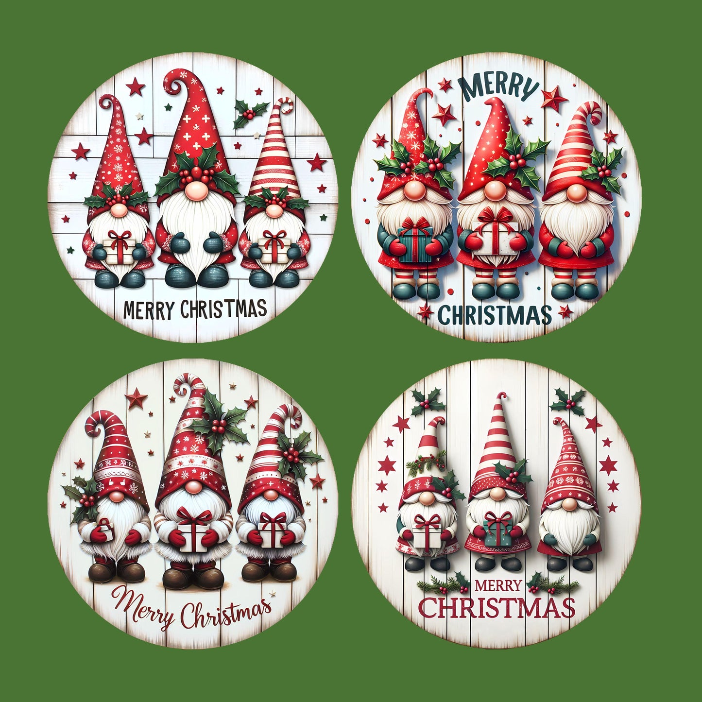 UV DTF Sticker print Gnome Merry Christmas 4pk round Christmas Ornament decals, tumbler decal, permanent sticker.#7196