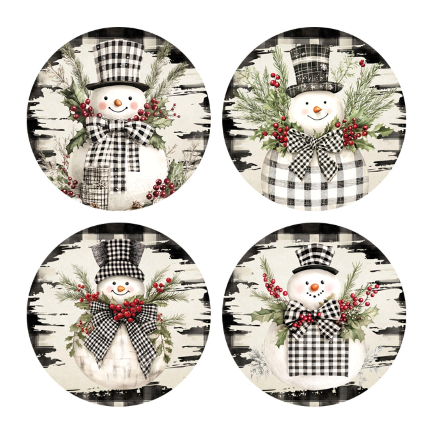 UV DTF Sticker print Buffalo Plaid Snowman Christmas 4pk round Christmas Ornament decals, tumbler decal, permanent sticker.#7228