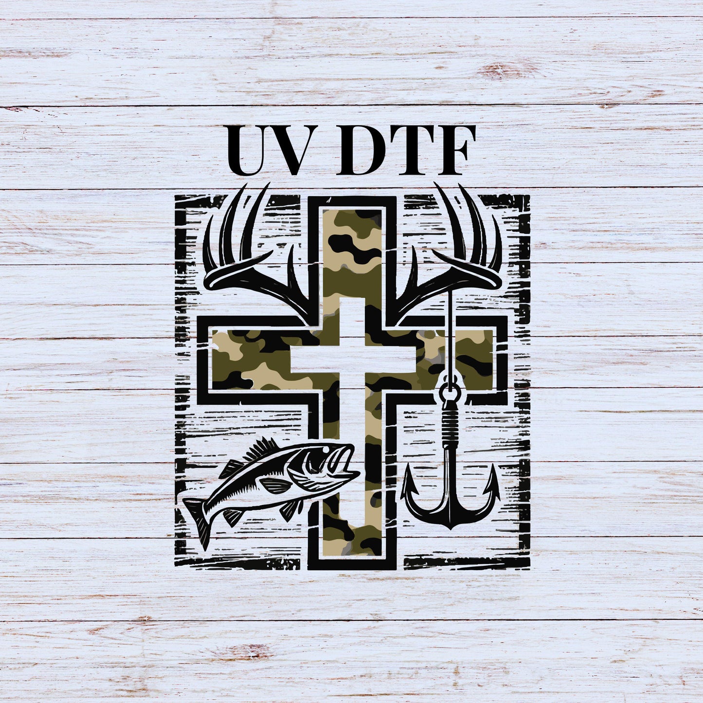UV DTF Sticker print. Camo hunters cross decal, tumbler decal, permanent sticker. UV wrap for glass can tumbler. #9027