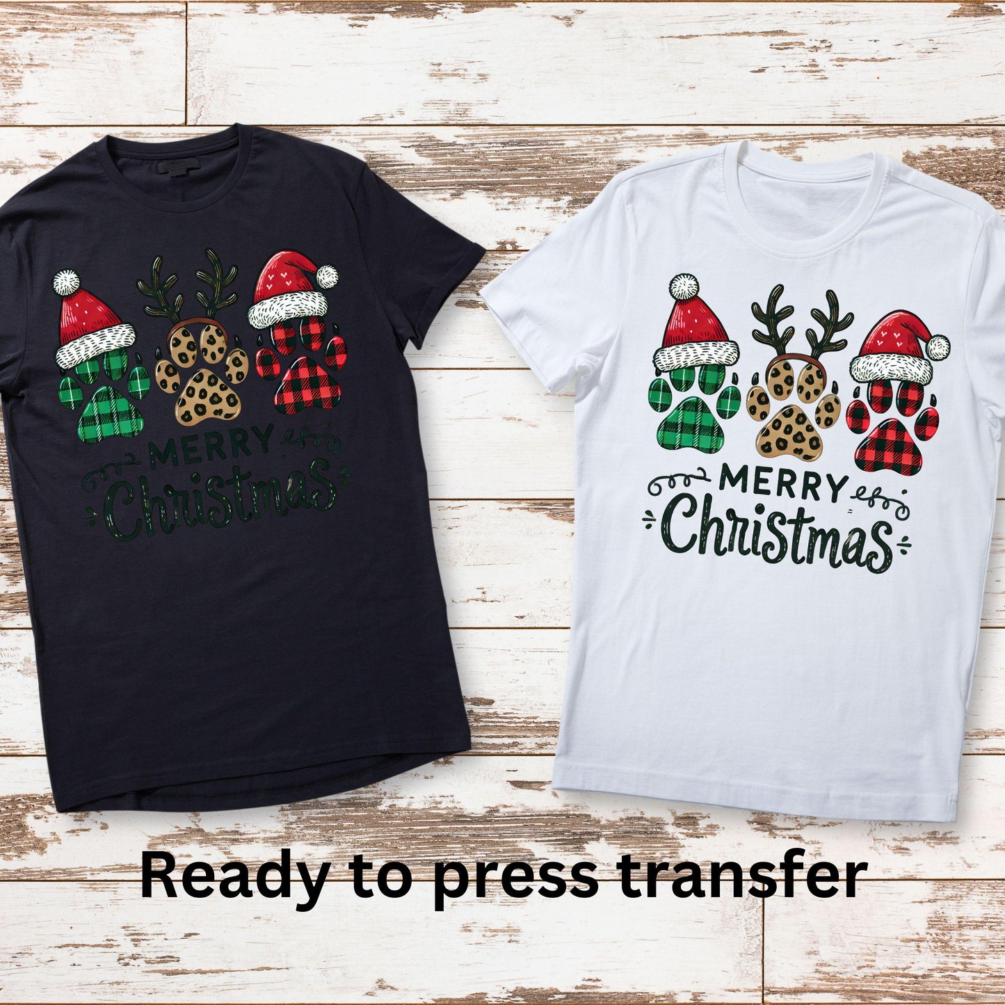 DTF ready to press transfer. Dog paw Merry Christmas cheetah Santa. Direct to film heat press transfer. DTF Print, Heat Transfer #11007