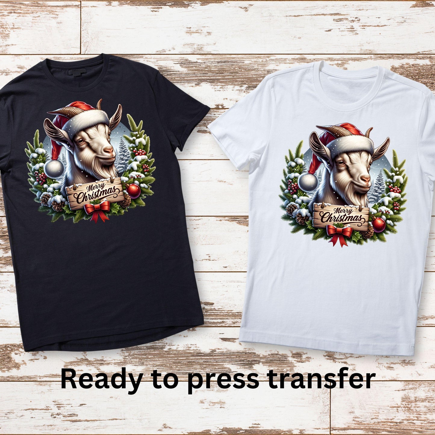 DTF ready to press transfer. Christmas Goat Merry Christmas Wreath, Direct to film heat press transfer. DTF Print, Heat Transfer #11129