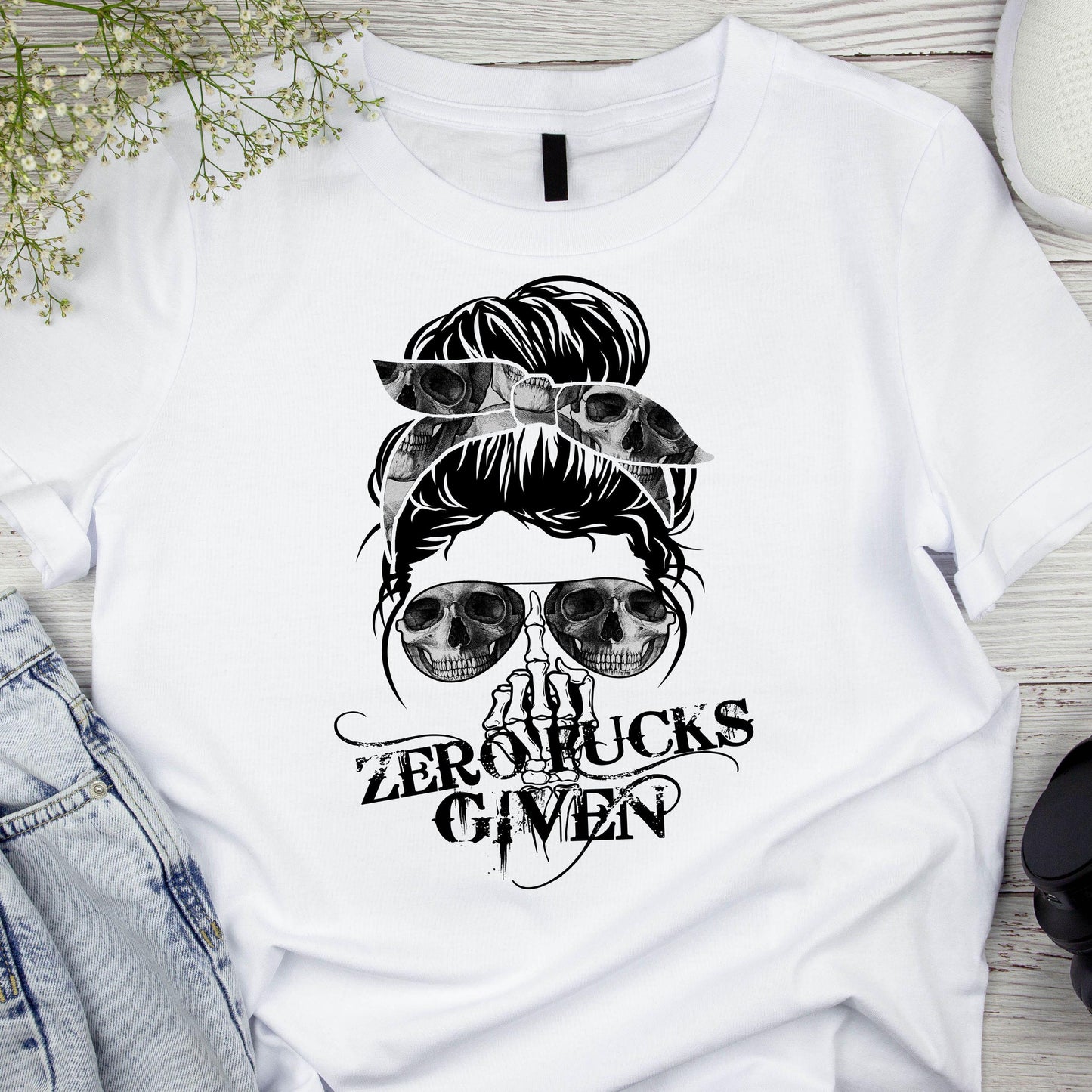 DTF ready to press transfer Zero fucks given messy bun skeleton image, Direct to film heat press transfer. DTF Print, Heat Transfer #11143