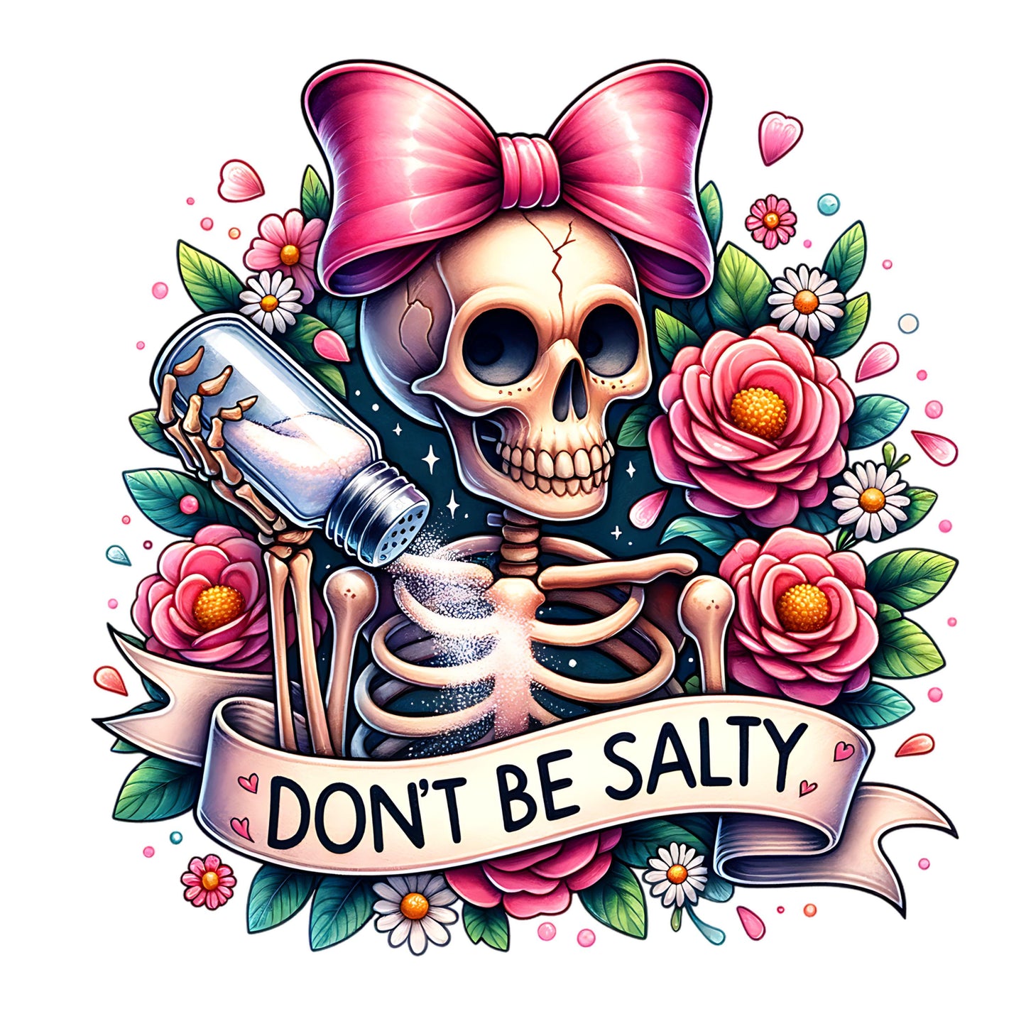 UV DTF Sticker print Don't be salty pink bow skeleton with flowers decal, tumbler decal, permanent sticker. #4301