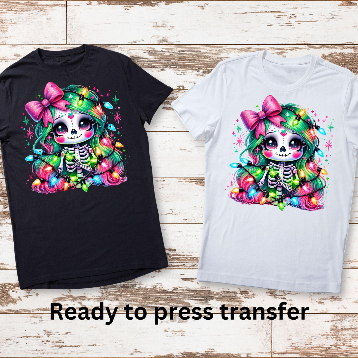DTF ready to press transfer. Girl skeleton with Christmas lights. Direct to film heat press transfer. DTF Print, Heat Transfer. #11088