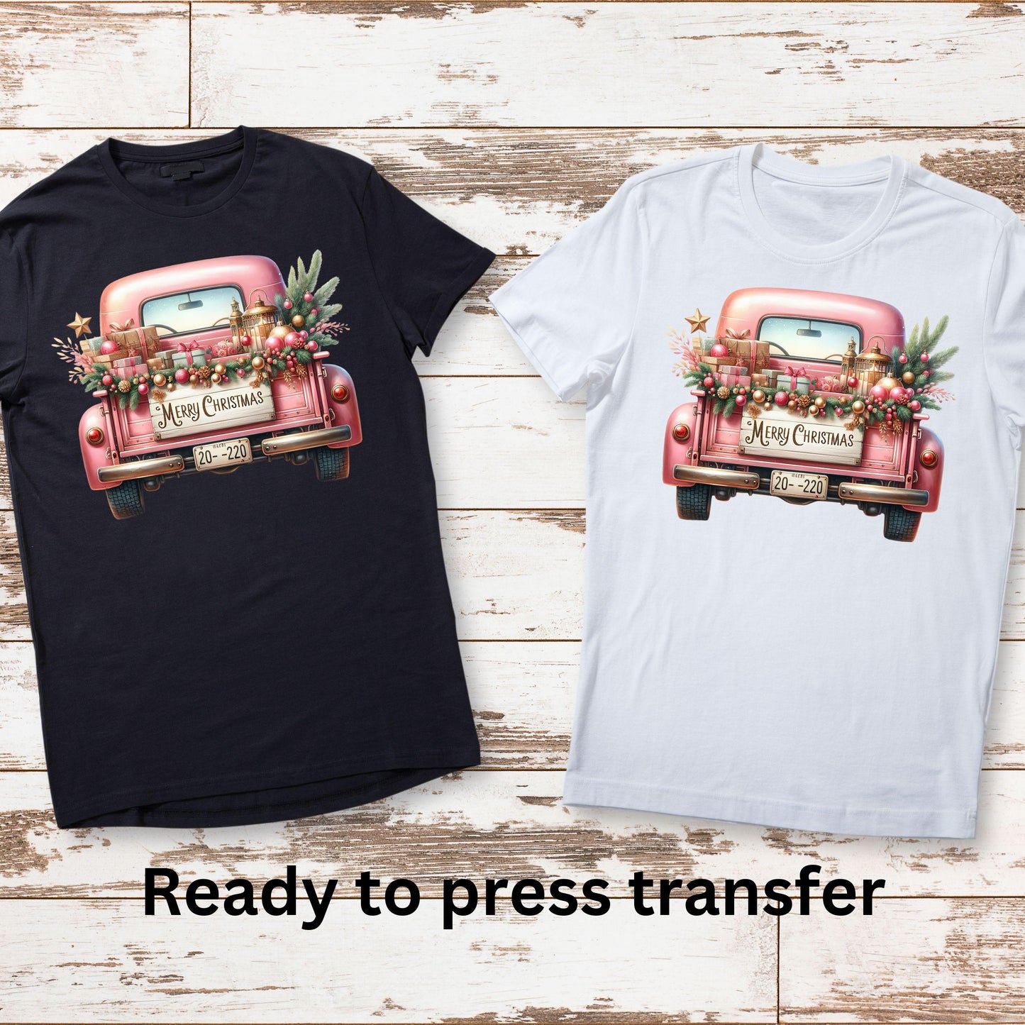 DTF ready to press transfer. Pink Truck Merry Christmas image, Direct to film heat press transfer. DTF Print, Heat Transfer #11131