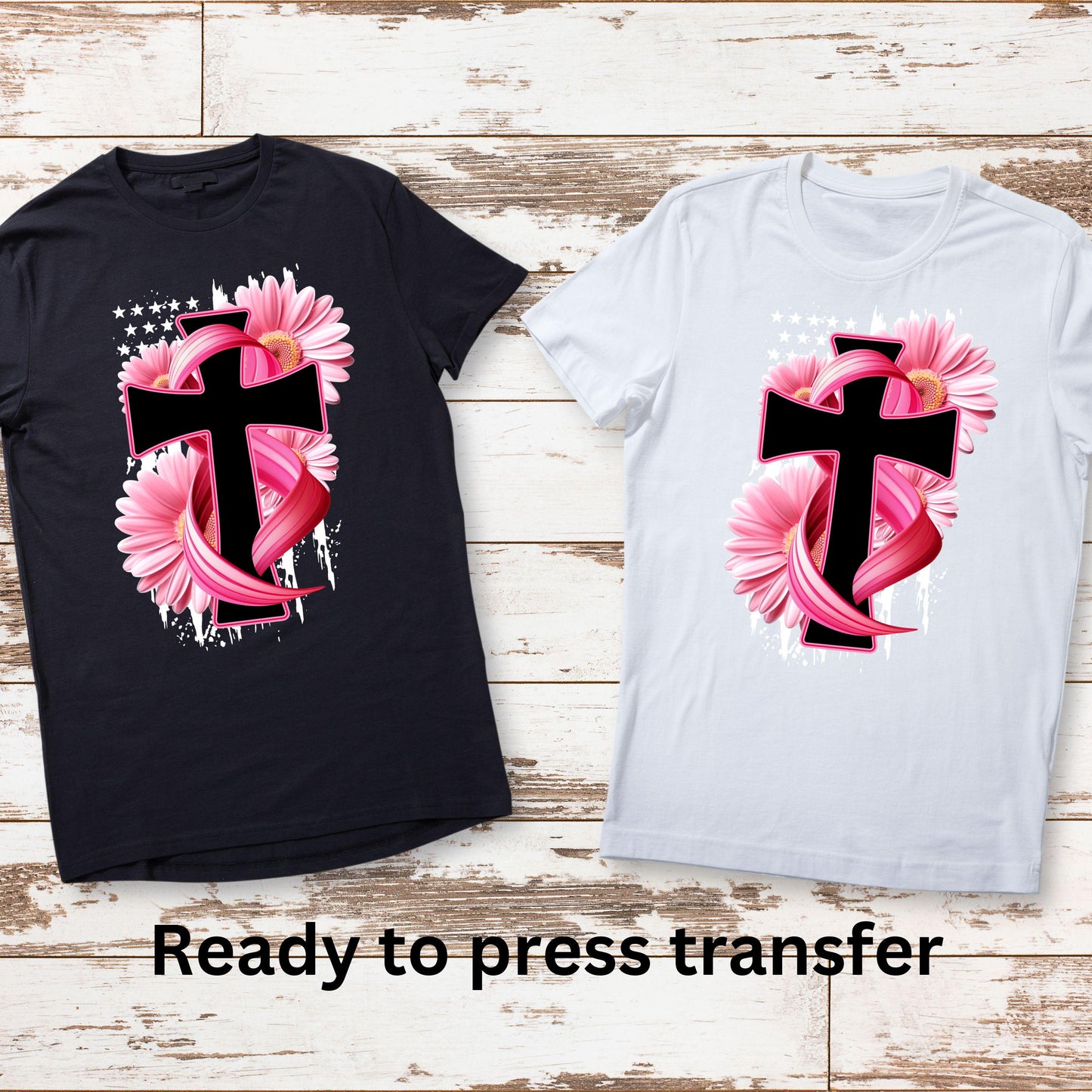 DTF ready to press transfer. Cross Ribbon Sunflower Breast Cancer , Direct to film heat press transfer. DTF Print, Heat Transfer#11215