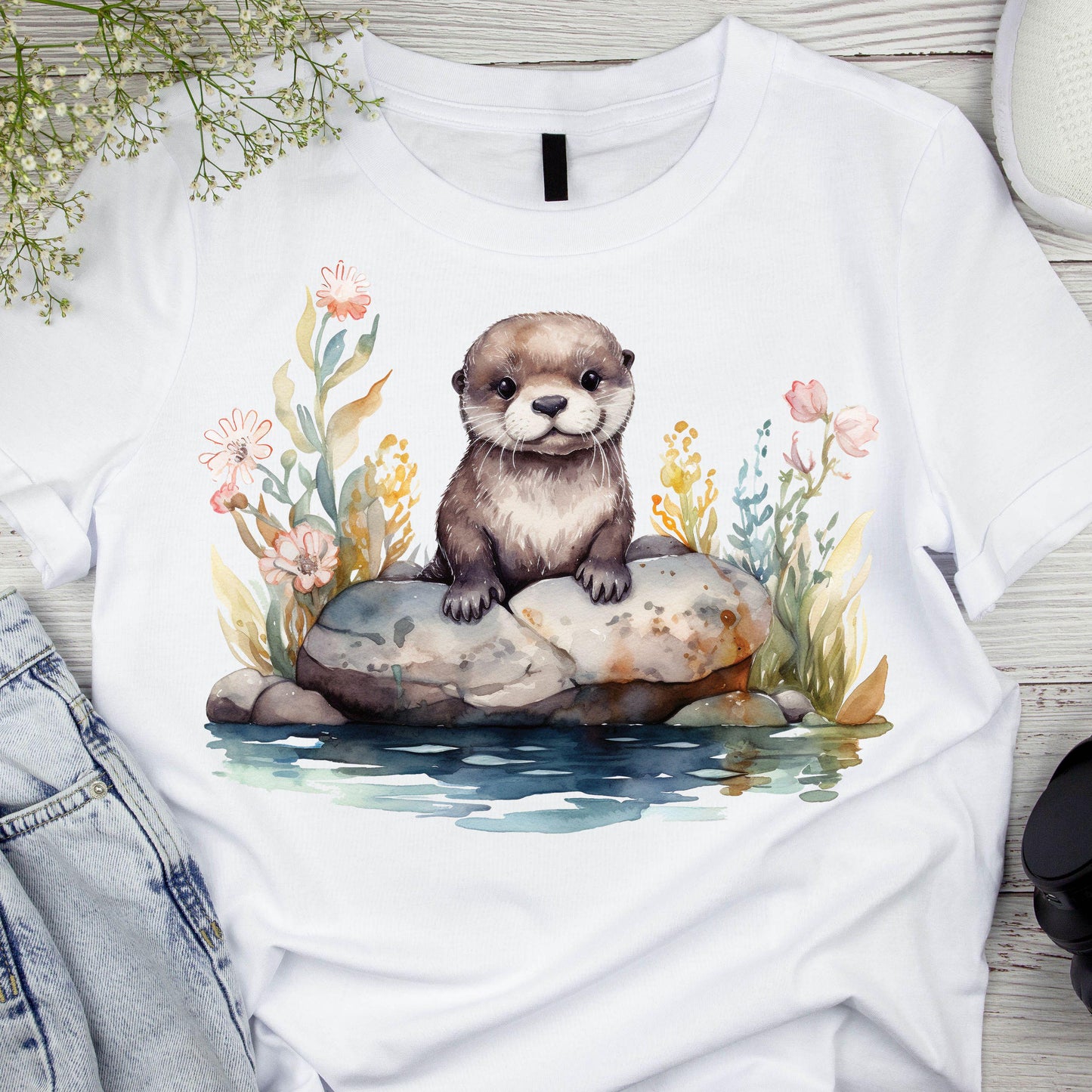 DTF ready to press transfer. Otter on the rocks watercolor image, Direct to film heat press transfer. DTF Print, Heat Transfer#11223
