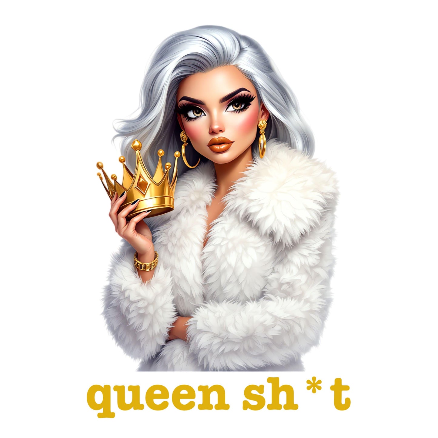UV DTF Sticker print. Queen Shit grey haired beauty with gold crown decal, tumbler decal, permanent sticker. #4318