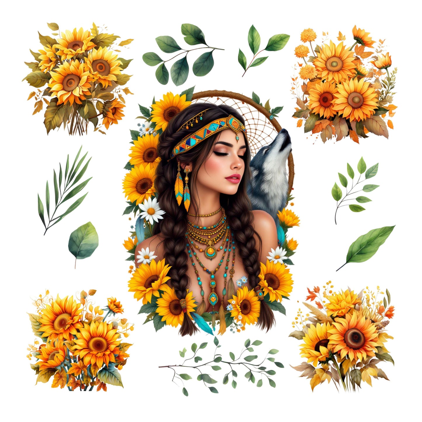 UV DTF Sticker print Sunflower girl with flowers Element sheet decal Native American, tumbler decal #10107