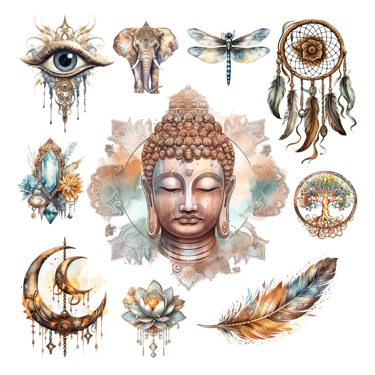 UV DTF Sticker print Boho Buddha with flowers, dream catcher and moon Element sheet decal, tumbler decal, permanent sticker. #10109