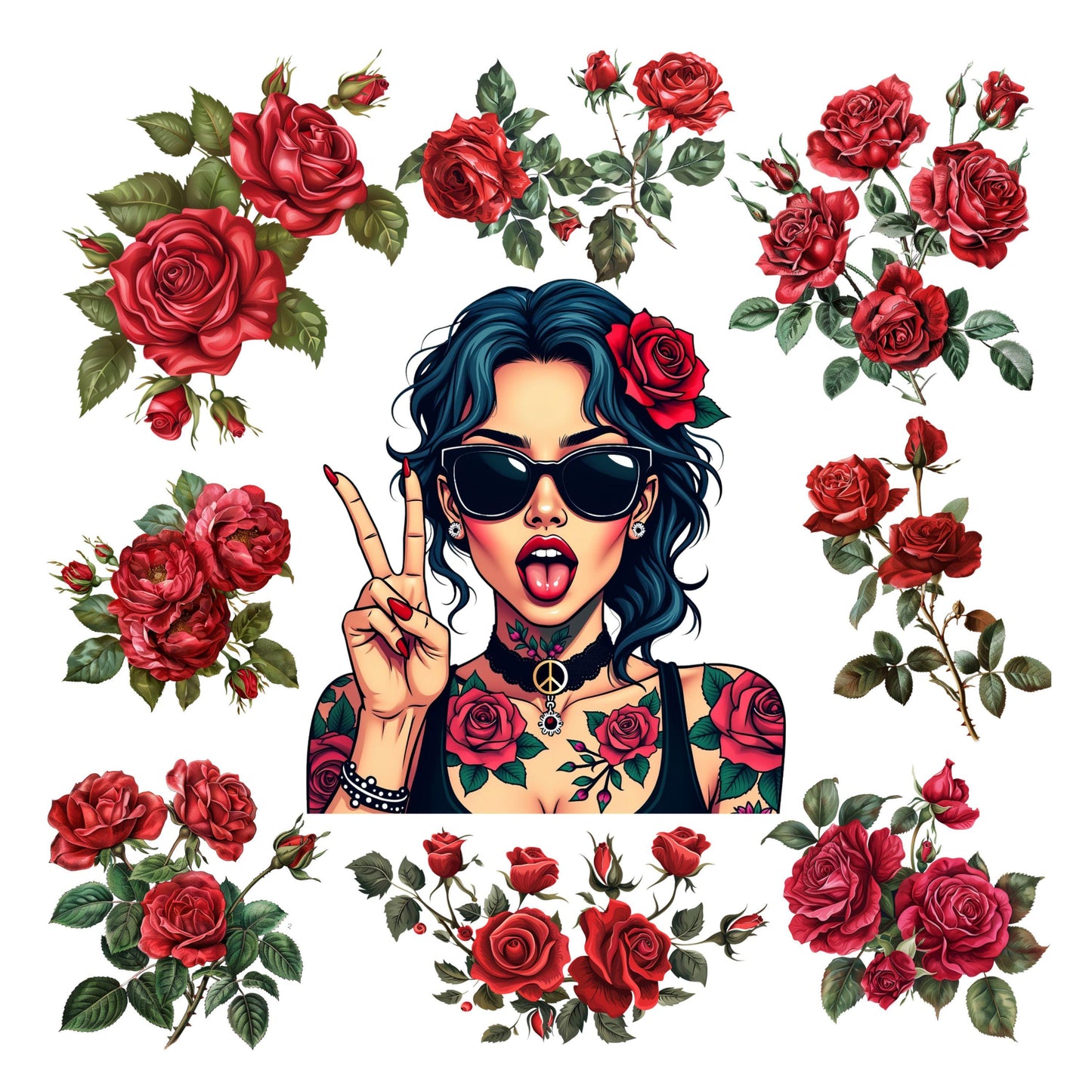 UV DTF Sticker print Rose girl, peace, tattoos with rose flowers, dream catcher and moon Element sheet decal, tumbler decal #10114