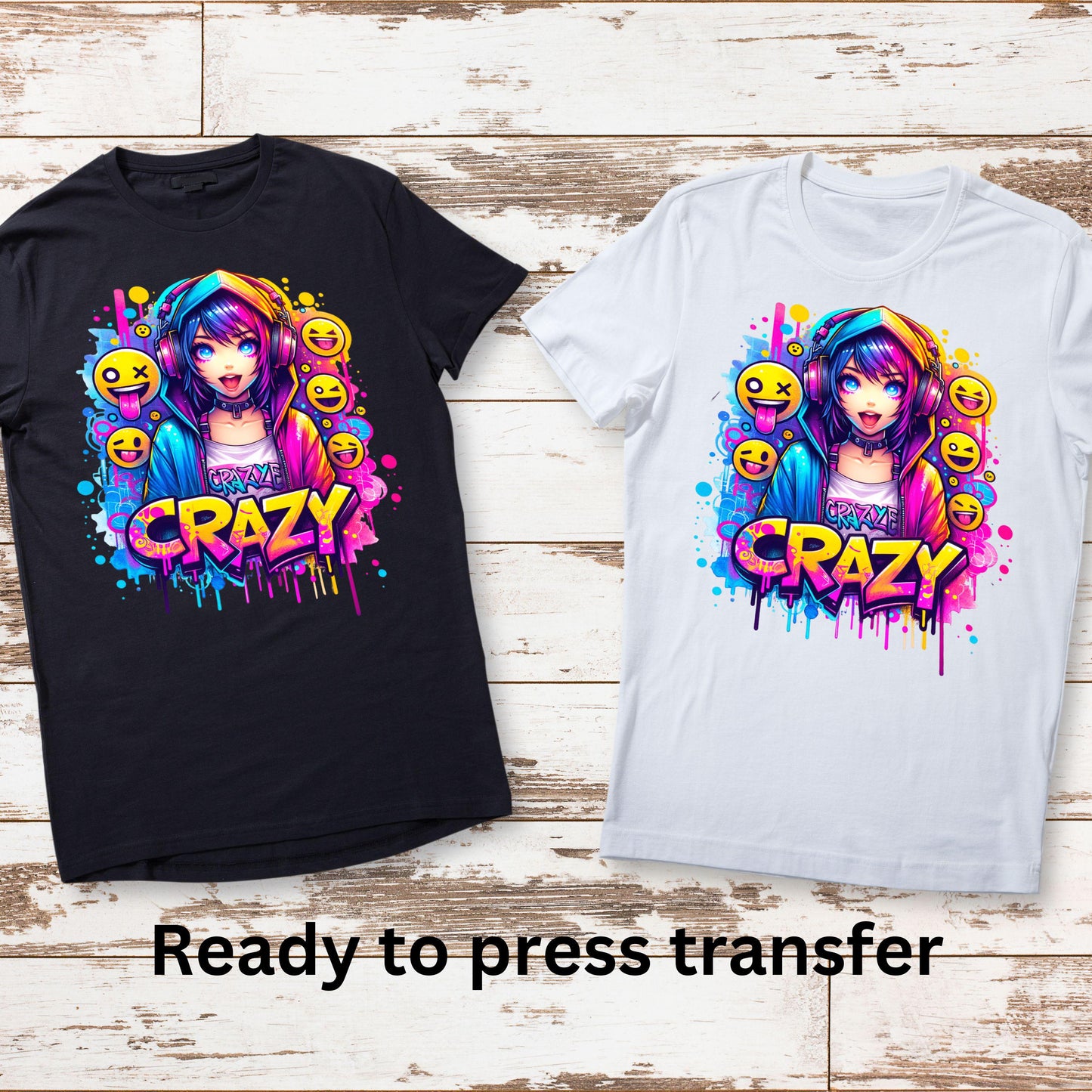 DTF ready to press transfer. Crazy Anime Kawaii girl crazy neon colors, Direct to film heat press transfer #11264