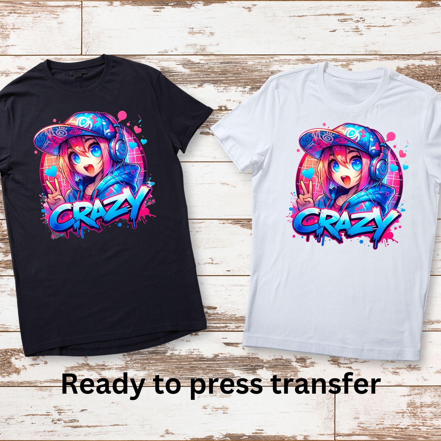 DTF ready to press transfer. Crazy Peace Anime Kawaii girl crazy neon colors, Direct to film heat press transfer #11267
