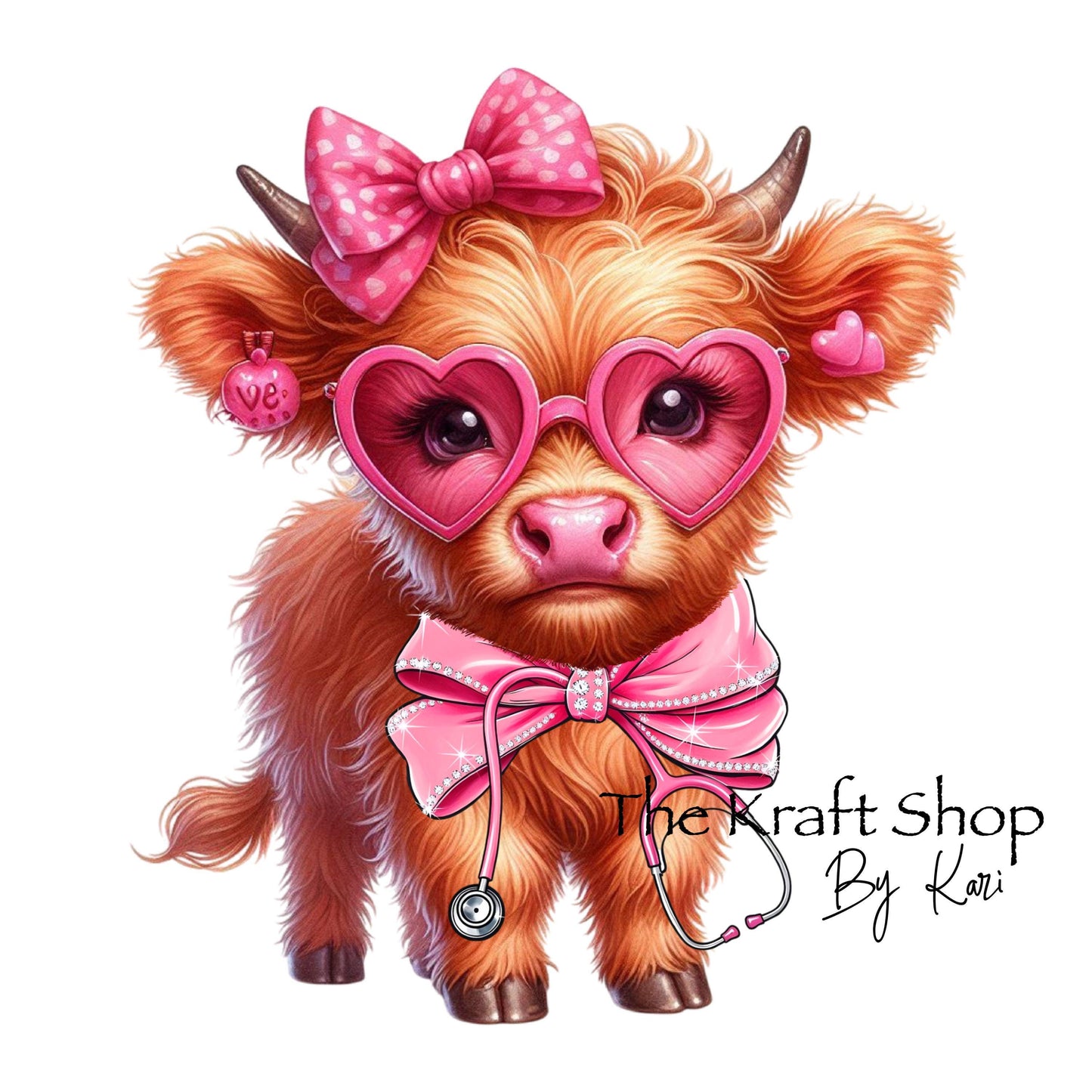 UV DTF Sticker print. Watercolor Valentine's Cow with stethoscope Cute highland cow decal, tumbler decal, permanent sticker. #7276