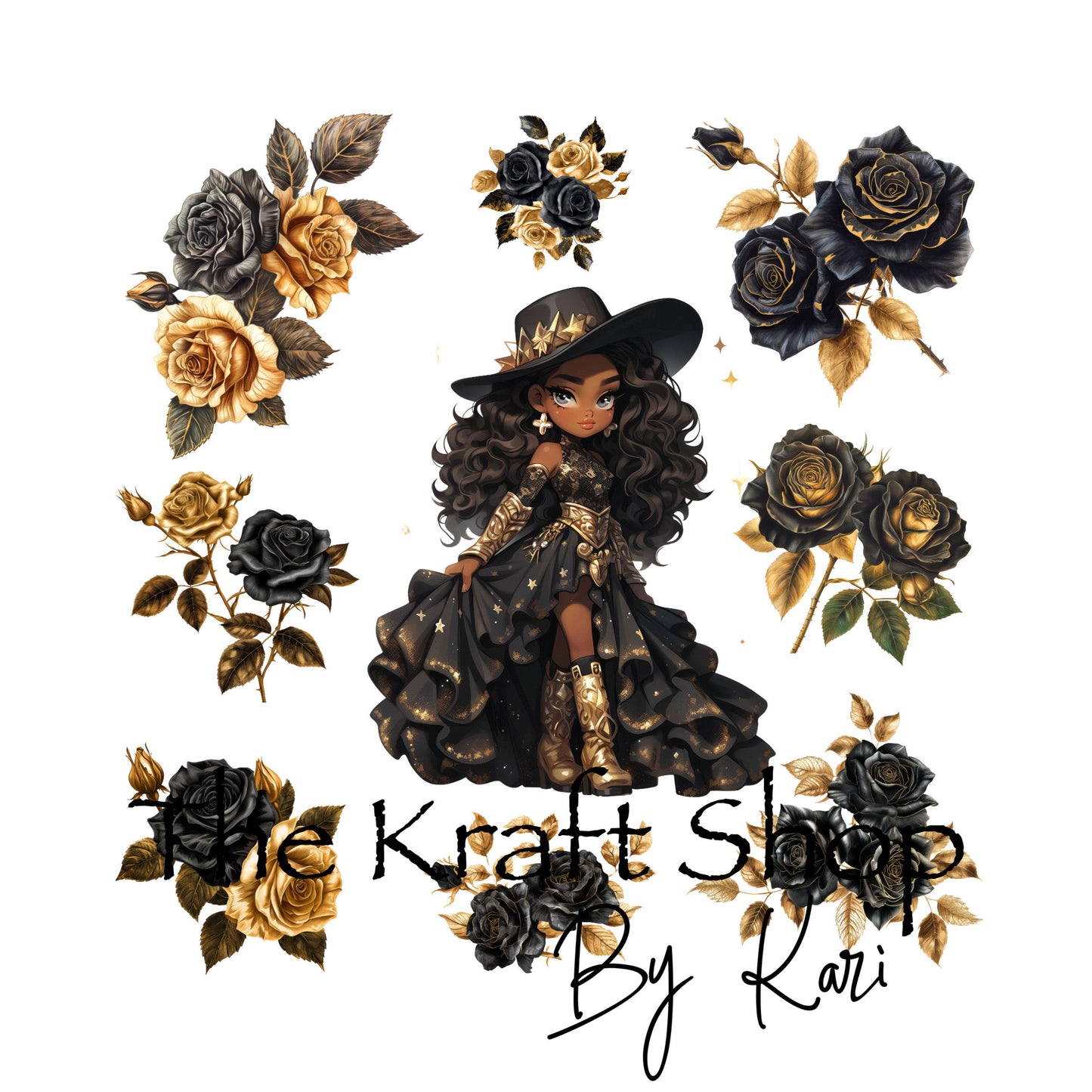 UV DTF Sticker print. Glam cowgirl element sheet Black Gold Roses Black girl magic decal, tumbler decal, permanent sticker. #10123