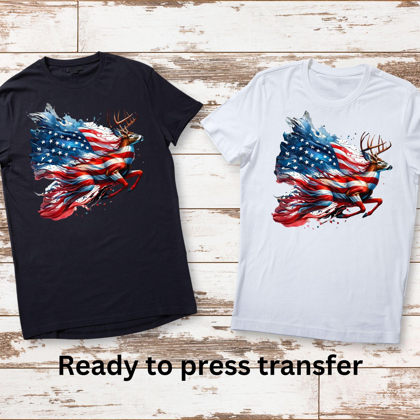 DTF ready to press transfer. American Flag Deer Patriotic hunter design, Direct to film heat press transfer. DTF Print #11227
