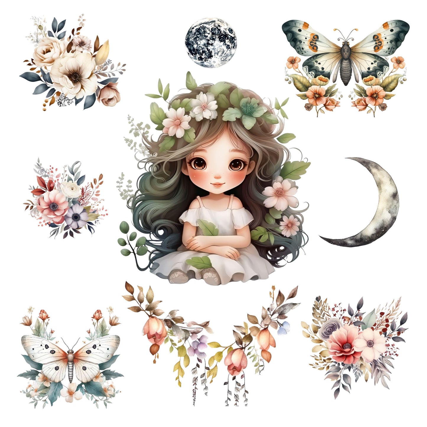 UV DTF Sticker print Garden girl with flowers, butterflies and moon Element sheet decal, tumbler decal, permanent sticker. #10108