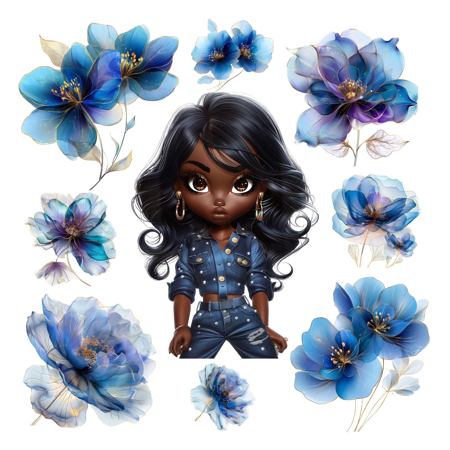 UV DTF Sticker print Denim and blue flowers Element sheet decal black girl magic melanin poppin, tumbler decal, permanent sticker. #10111