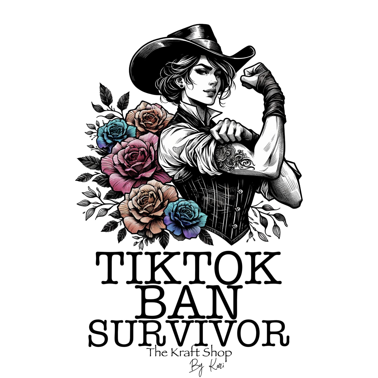 UV DTF Sticker print. Tiktok Ban Survivor cowgirl with flowers decal, tumbler decal, permanent sticker. #4362