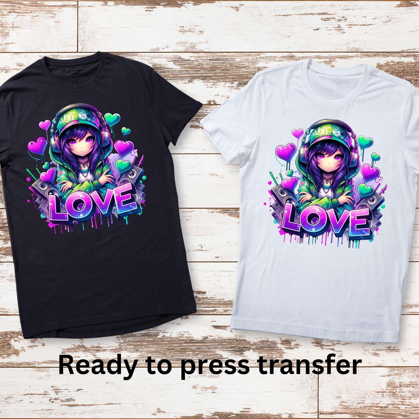 DTF ready to press transfer. Love Anime Kawaii girl crazy neon colors, Direct to film heat press transfer #11266