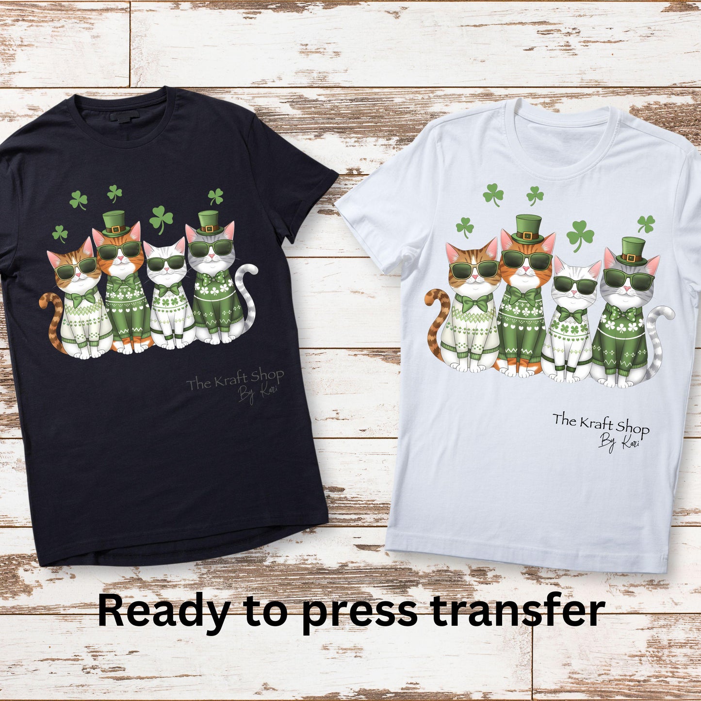 DTF ready to press transfer. St. Patrick's Day cats with hats and clovers, Direct to film heat press transfer. #11299