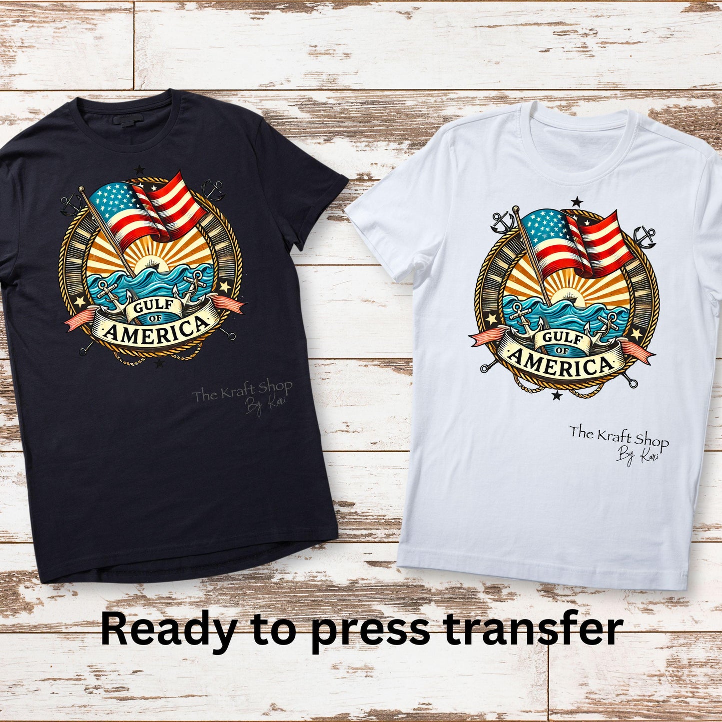 DTF ready to press transfer. Gulf of America Flag anchors boat Direct to film heat press transfer. #11309