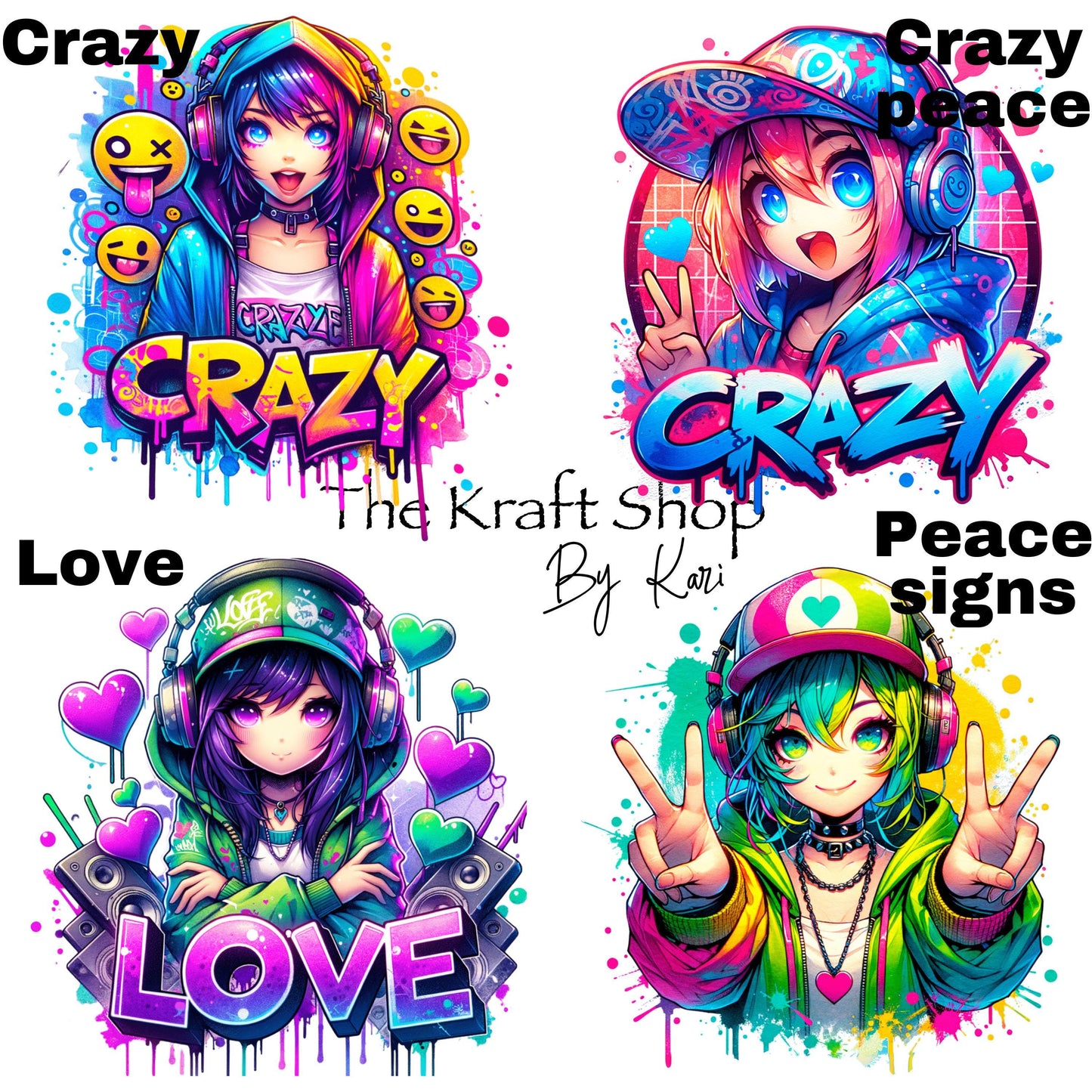 UV DTF Sticker print. Anime Kawaii girl crazy love peace signs neon colors decal, tumbler decal, permanent sticker. #4337