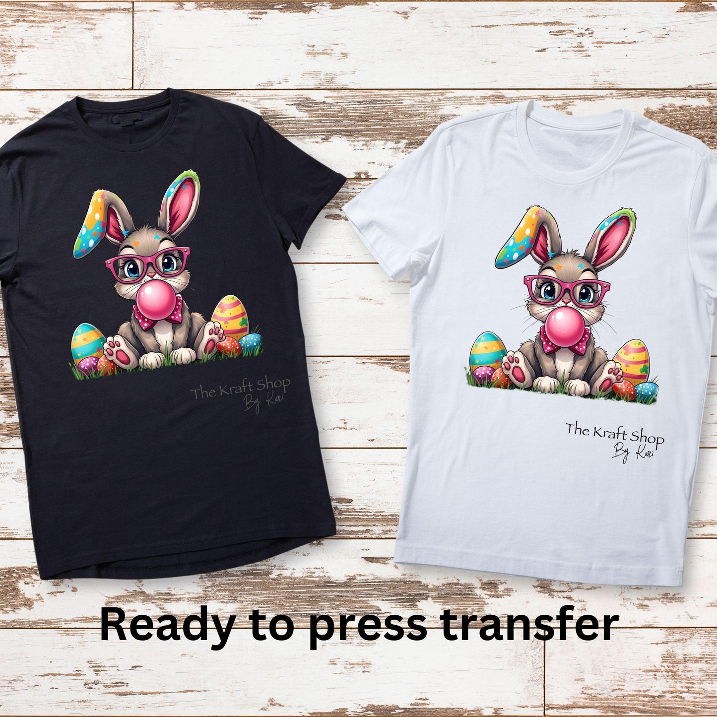 DTF ready to press transfer. Pink Glasses Easter Bunny Blowing Pink Bubble, Direct to film heat press transfer. #11315