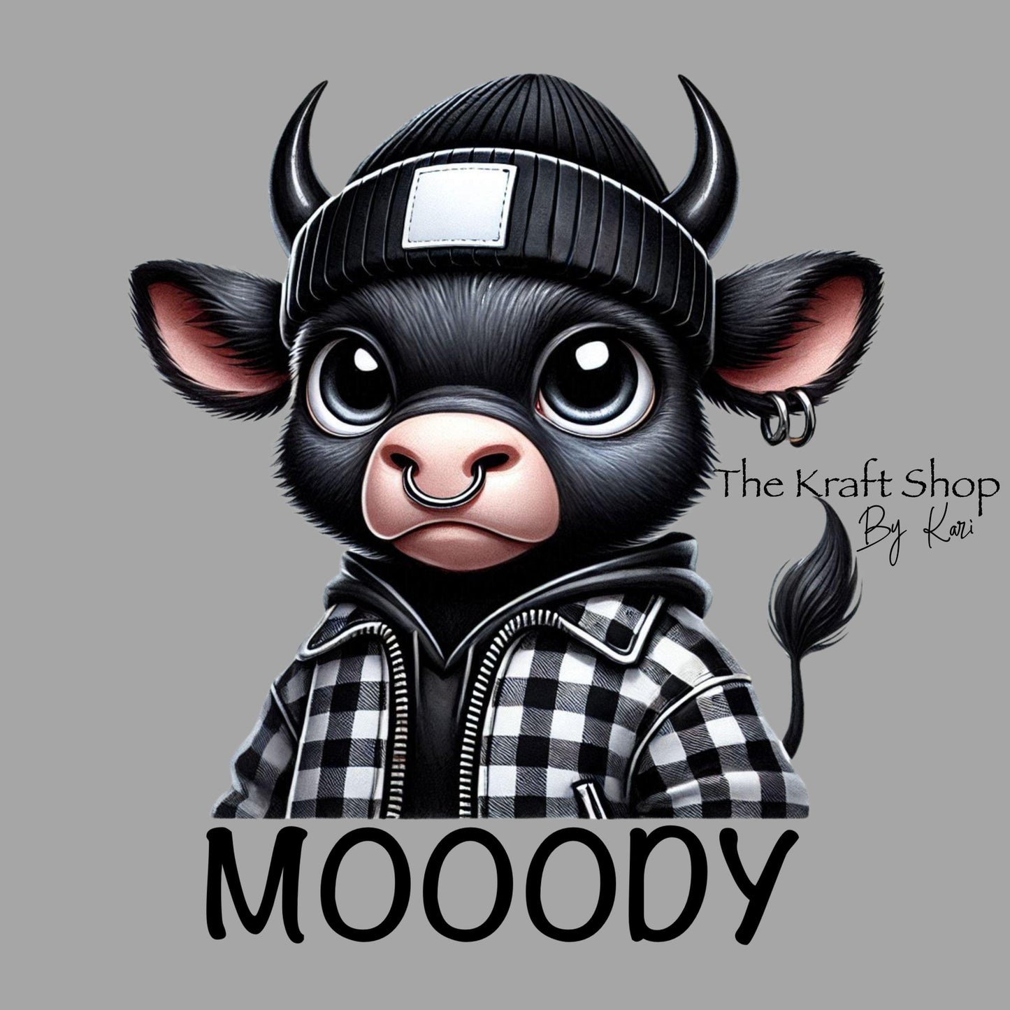 UV DTF Sticker print. Mooody black cow with beanie sarcastic decal, tumbler decal, permanent sticker. Uv wrap for glass can tumbler. #4346