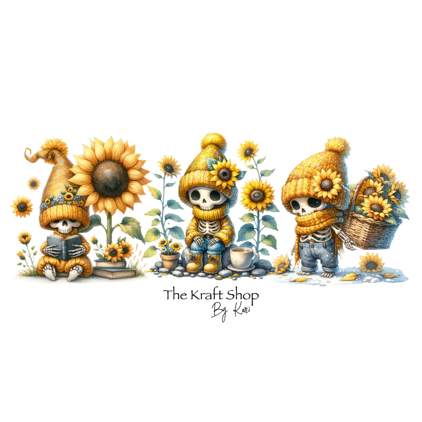 UV DTF Sticker print ready to apply Skeleton Gnomes with sunflowers decal, tumbler decal, permanent sticker.#10131