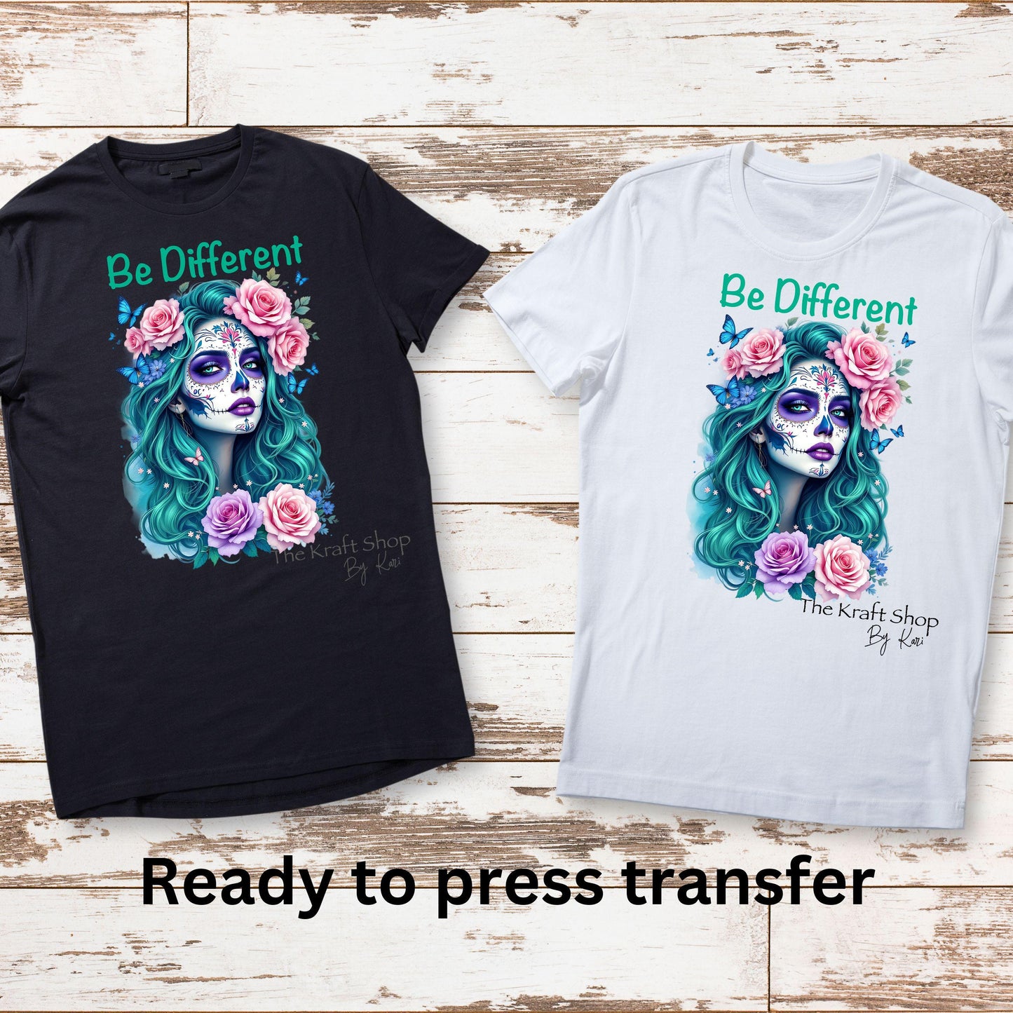 DTF ready to press transfer. Be different day of the dead teal hair girl with pink flowers shirt, Direct to film heat press transfer. #11323